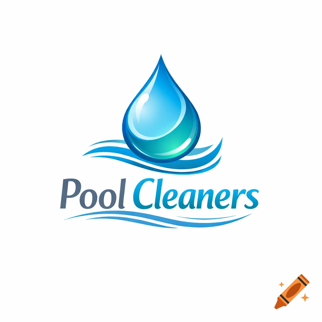 A logo with a glossy blue water droplet above stylized blue waves and the text "Pool Cleaners".