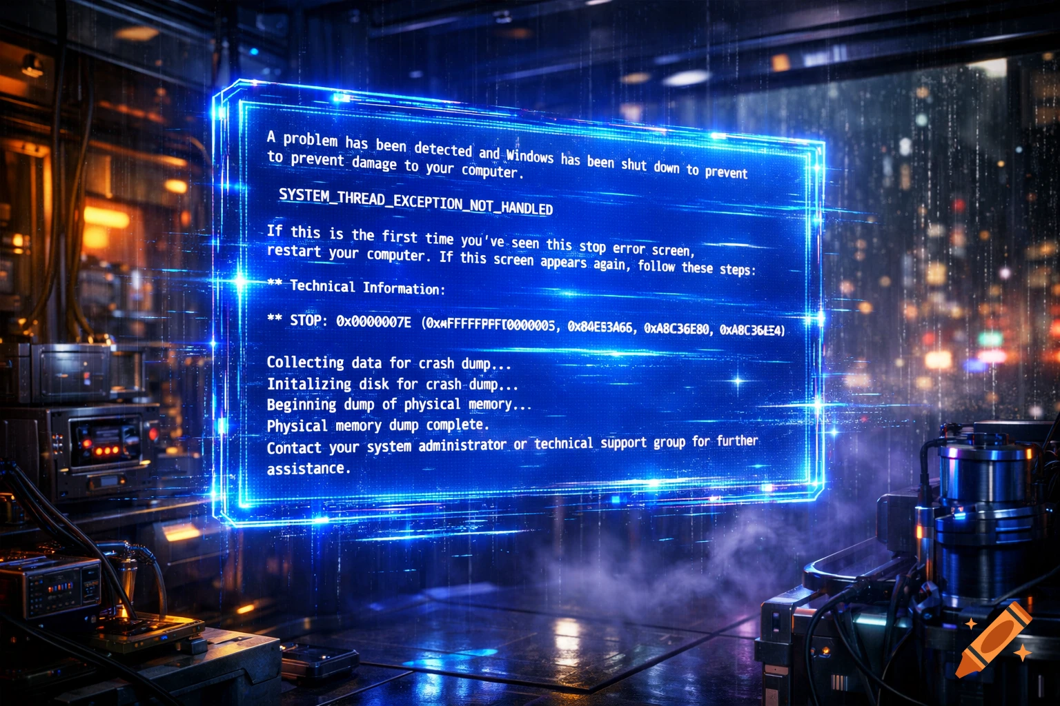 A hyperrealistic holographic Windows Blue Screen of Death floats in a dimly lit, neon-saturated cyberpunk laboratory.