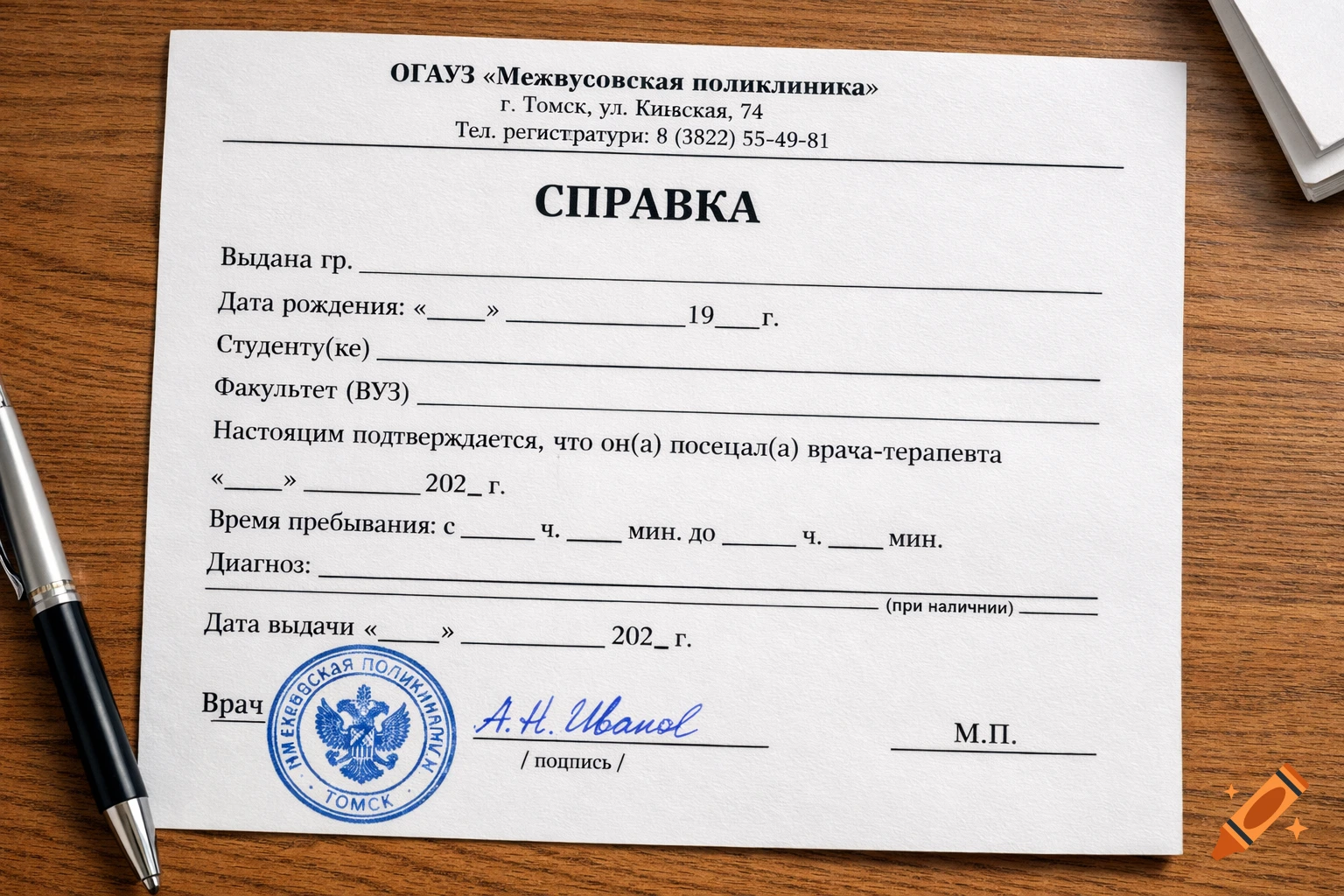 A realistic photograph of a Russian medical certificate with a stamp and signature on a wooden desk next to a pen.