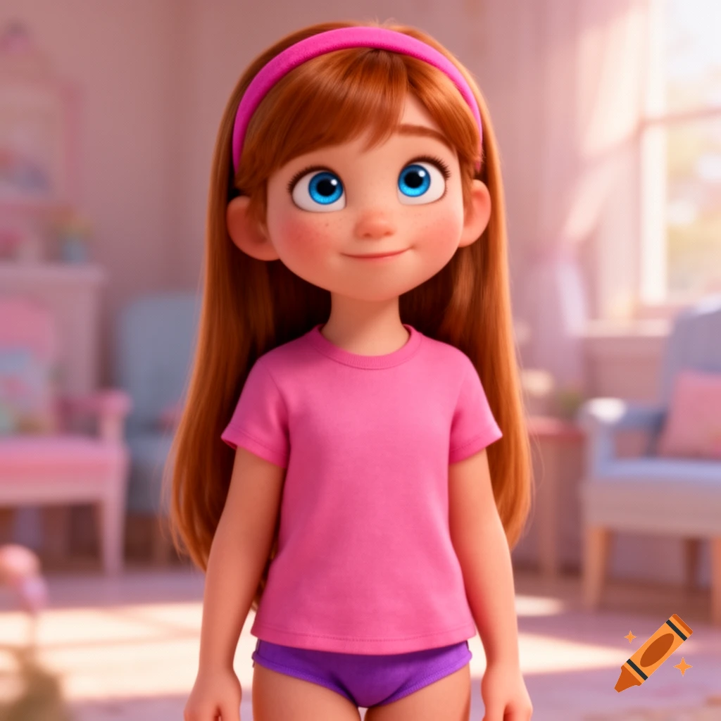 A Pixar-style animated child with long auburn hair, blue eyes, a pink headband, pink t-shirt, and purple underwear stands smiling in a bright room.