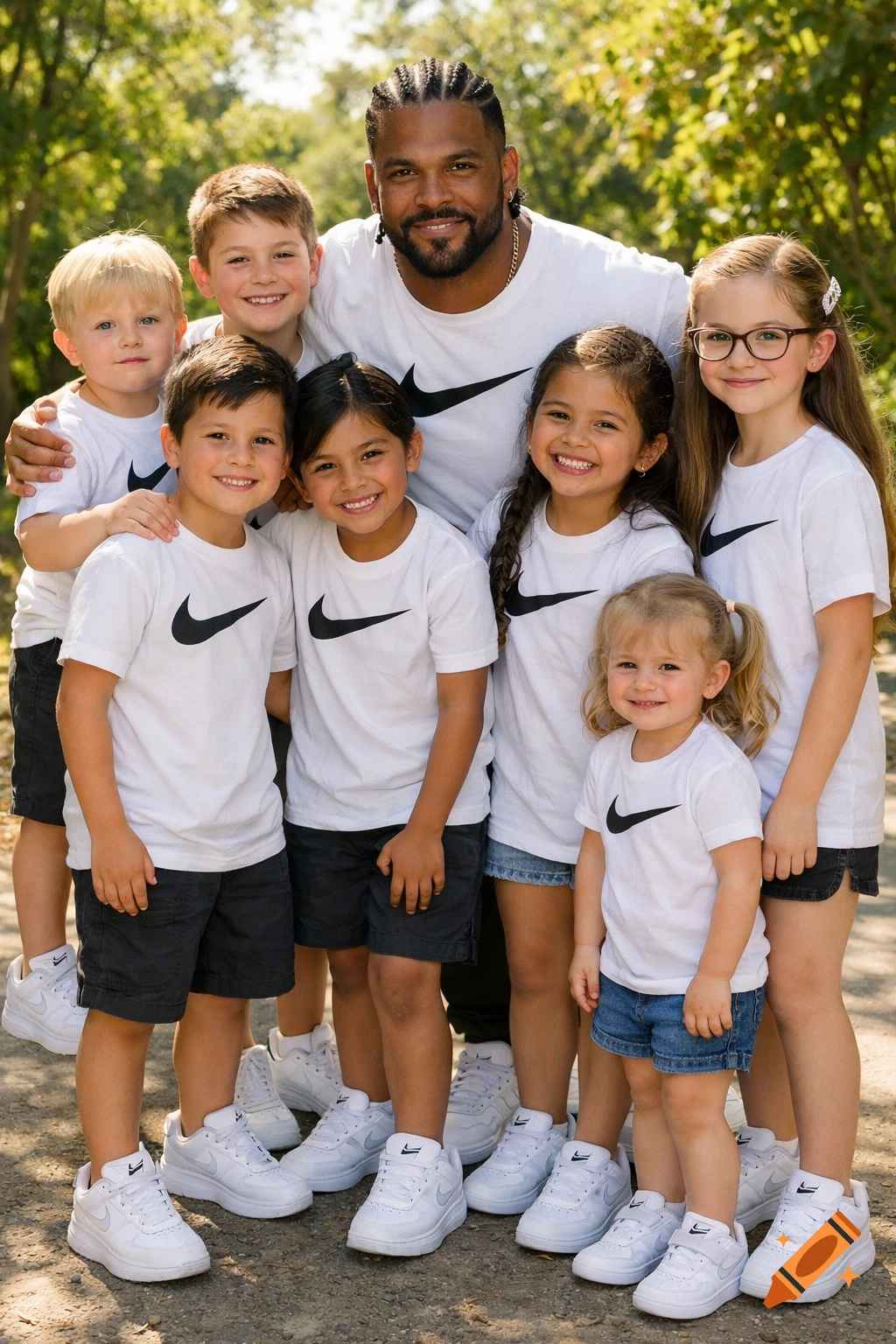 A man with cornrows and a beard smiles with seven children, all wearing white shirts with Nike swooshes and white sneakers, outdoors.