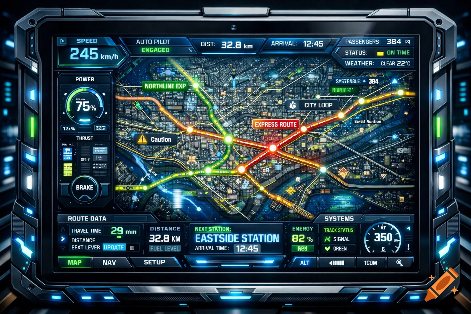 A futuristic tablet displaying a complex train navigation system with a detailed map, speed, route data, and various system indicators, glowing in blue and green lights.