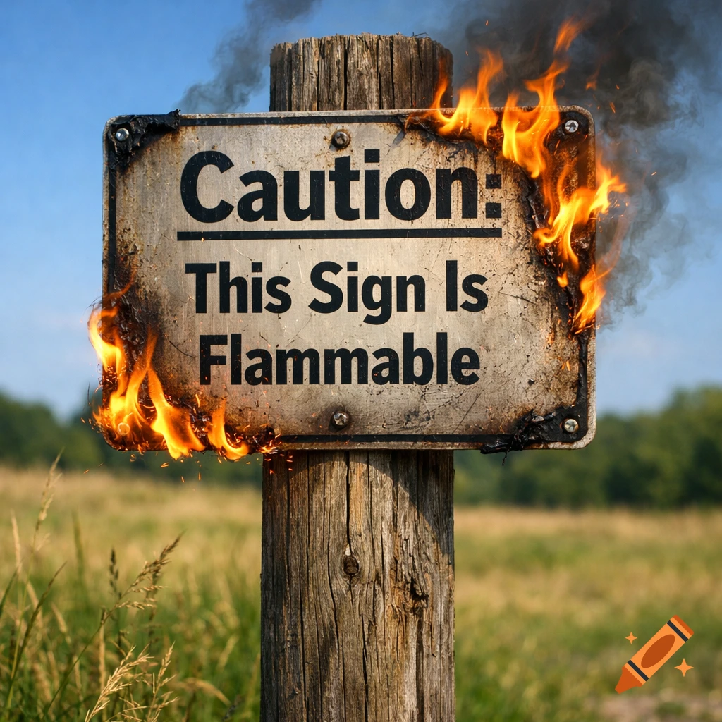 Photorealistic image of a wooden sign in a field, reading 'Caution: This Sign Is Flammable,' partially engulfed in flames.
