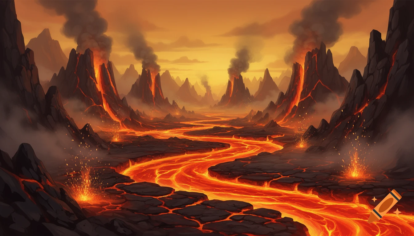 A vibrant, stylized landscape features a winding river of glowing orange lava flowing through dark, jagged volcanic mountains under an orange sky filled with smoke.