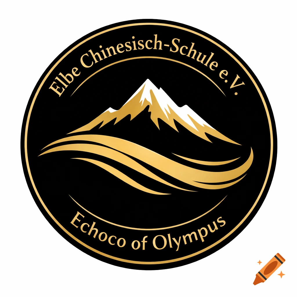 Circular black and gold logo with a stylized white-capped mountain and gold waves. Text reads "Elbe Chinesisch-Schule e.V." and "Echoco of Olympus".