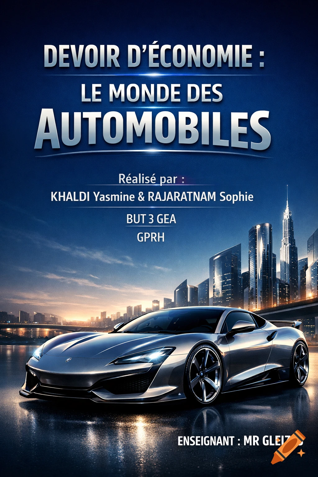 A silver sports car on a wet reflective surface with a glowing cityscape and sunset in the background, designed as an educational book cover with French text.