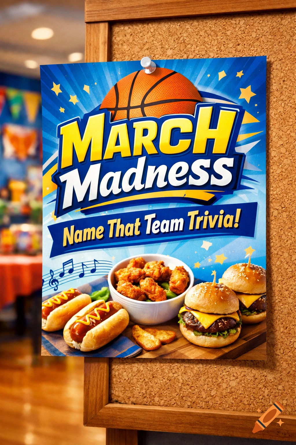 A photorealistic March Madness flyer pinned to a corkboard, featuring a basketball, text 'Name That Team Trivia!', music notes, hot dogs, sliders, and chicken bites.