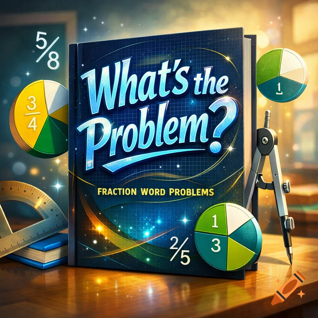 A stylized math textbook titled "What's the Problem? Fraction Word Problems" on a wooden desk with a compass, protractor, and pie charts depicting fractions like 5/8 and 3/4.
