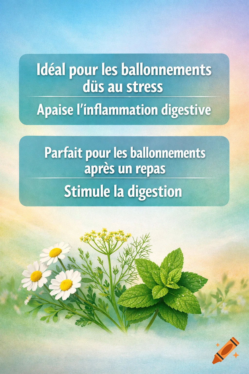 An illustration with two blue-green text boxes on a soft gradient background. The top box reads 'Idéal pour les ballonnements dûs au stress' and 'Apaise l'inflammation digestive'. The bottom box reads 'Parfait pour les ballonnements après un repas' and 'Stimule la digestion'. Below the text, a bouquet of chamomile flowers, fennel, and mint leaves is displayed.