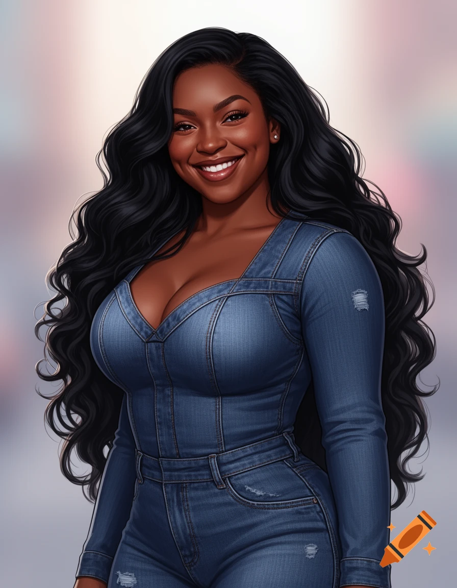 Digital art portrait of a smiling Black woman with long wavy black hair ...