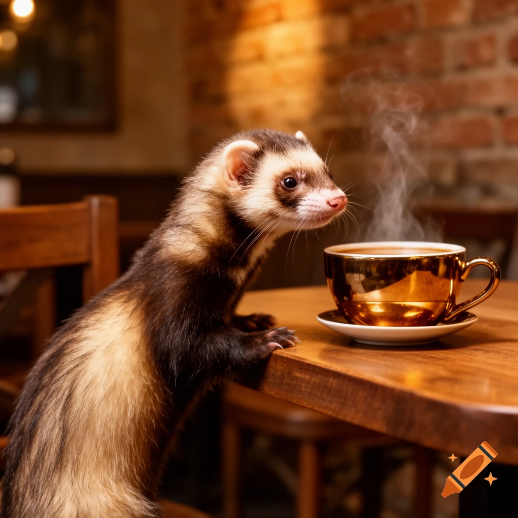 A cute ferret stands at a wooden table next to a steaming gold coffee cup in a cafe.