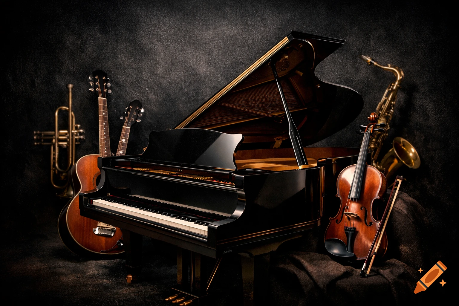 Dramatic still life of a grand piano, acoustic guitars, trumpet, saxophone, and violin on a dark background.