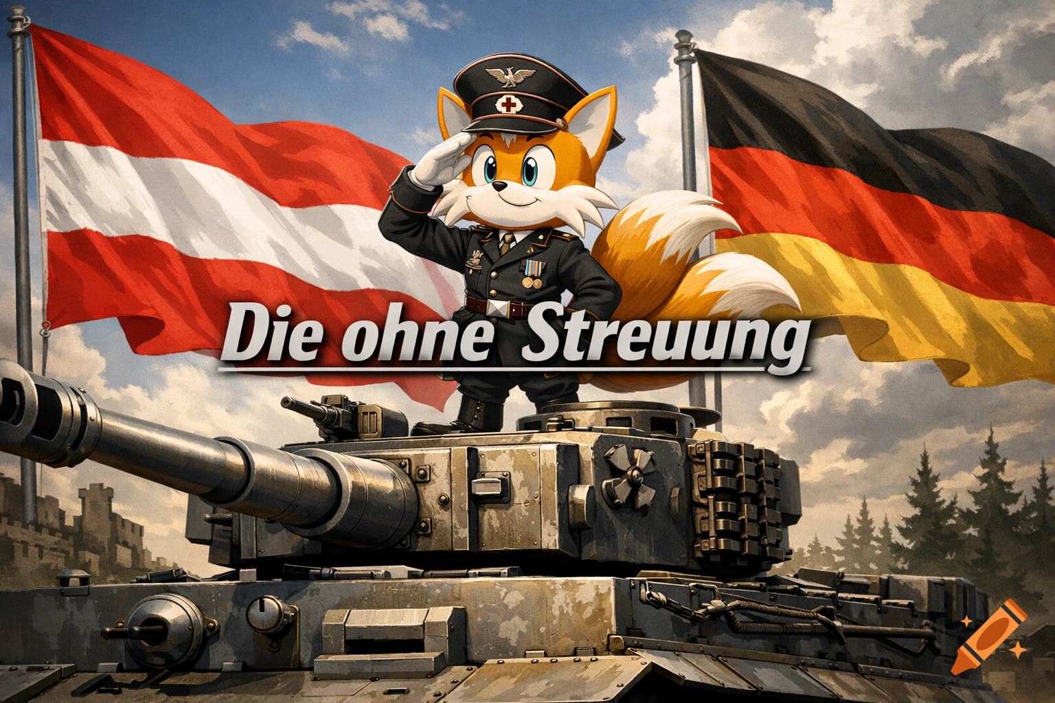 Tails in a military uniform salutes on a tank, with Austrian and German flags in the background, text reads 'Die ohne Streuung'.