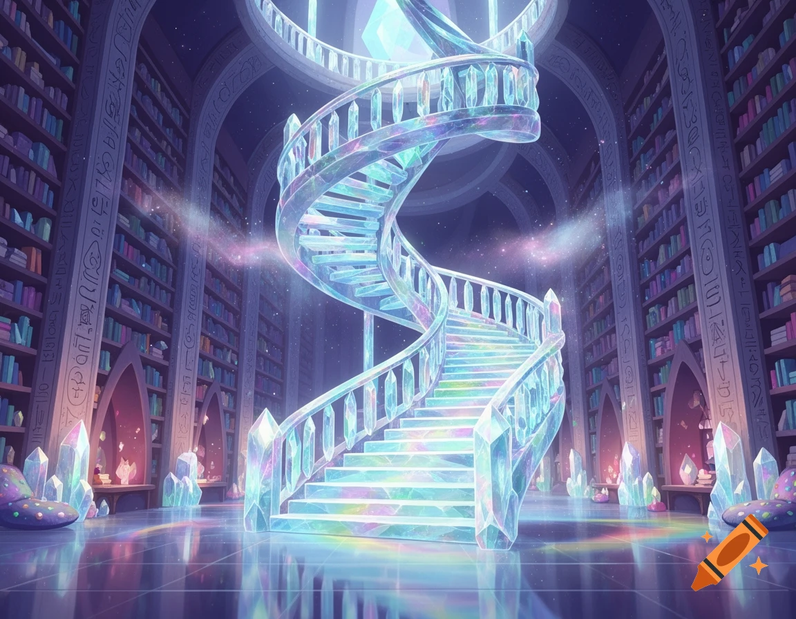 A vibrant crystal spiral staircase ascends through a magical library with glowing bookshelves, inspired by Steven Universe.