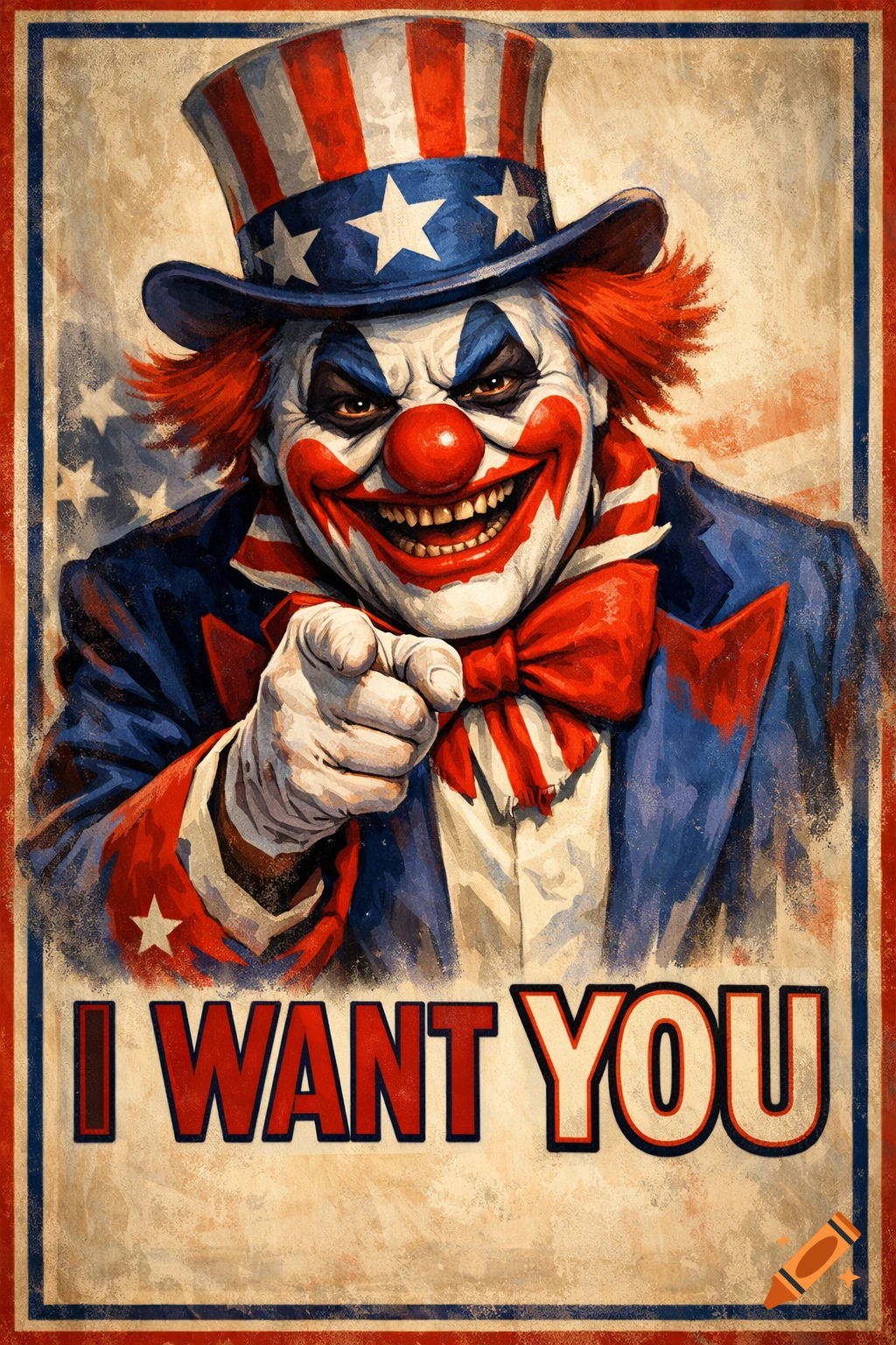 A creepy clown dressed as Uncle Sam points forward with a menacing smile, set against a vintage American flag background with "I WANT YOU" text below.