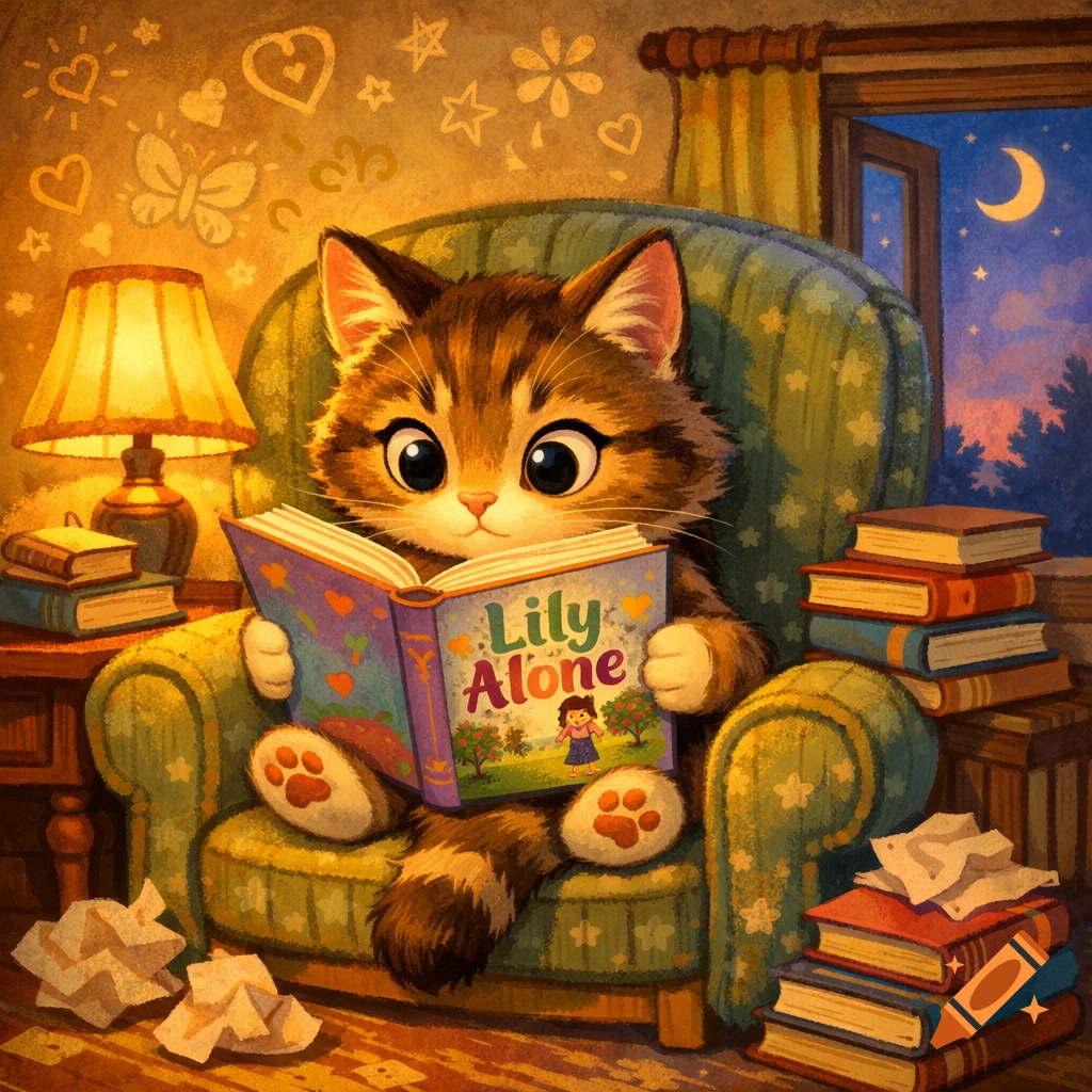 A cute cartoon cat sits in an armchair, reading a book titled 'Lily Alone' by the warm glow of a lamp, with stacks of books nearby and a moonlit window in the background.