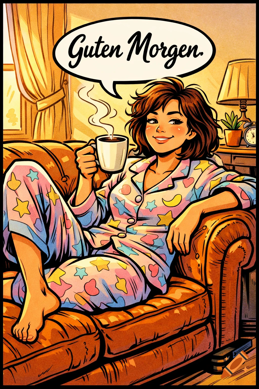 A woman in colorful star and heart pajamas sips coffee on a brown couch in a cozy comic art style, with 'Guten Morgen' in a speech bubble.