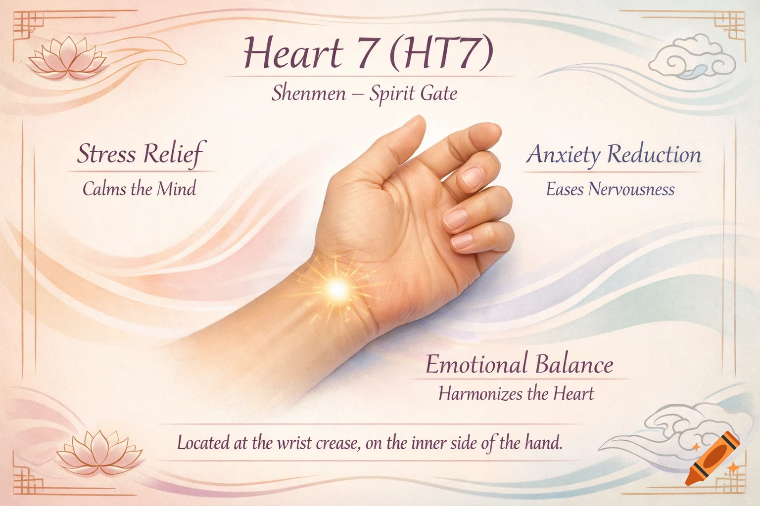 An illustrative diagram of the Heart 7 acupressure point on a hand, with text explaining benefits like stress relief, anxiety reduction, and emotional balance.