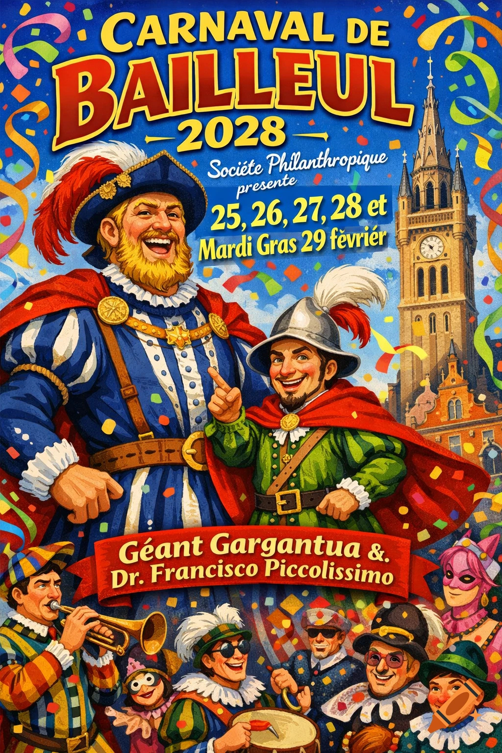 A vibrant cartoon poster for Carnaval de Bailleul 2028, featuring the giant Gargantua and Dr. Piccolissimo, musicians, and confetti against a belfry.