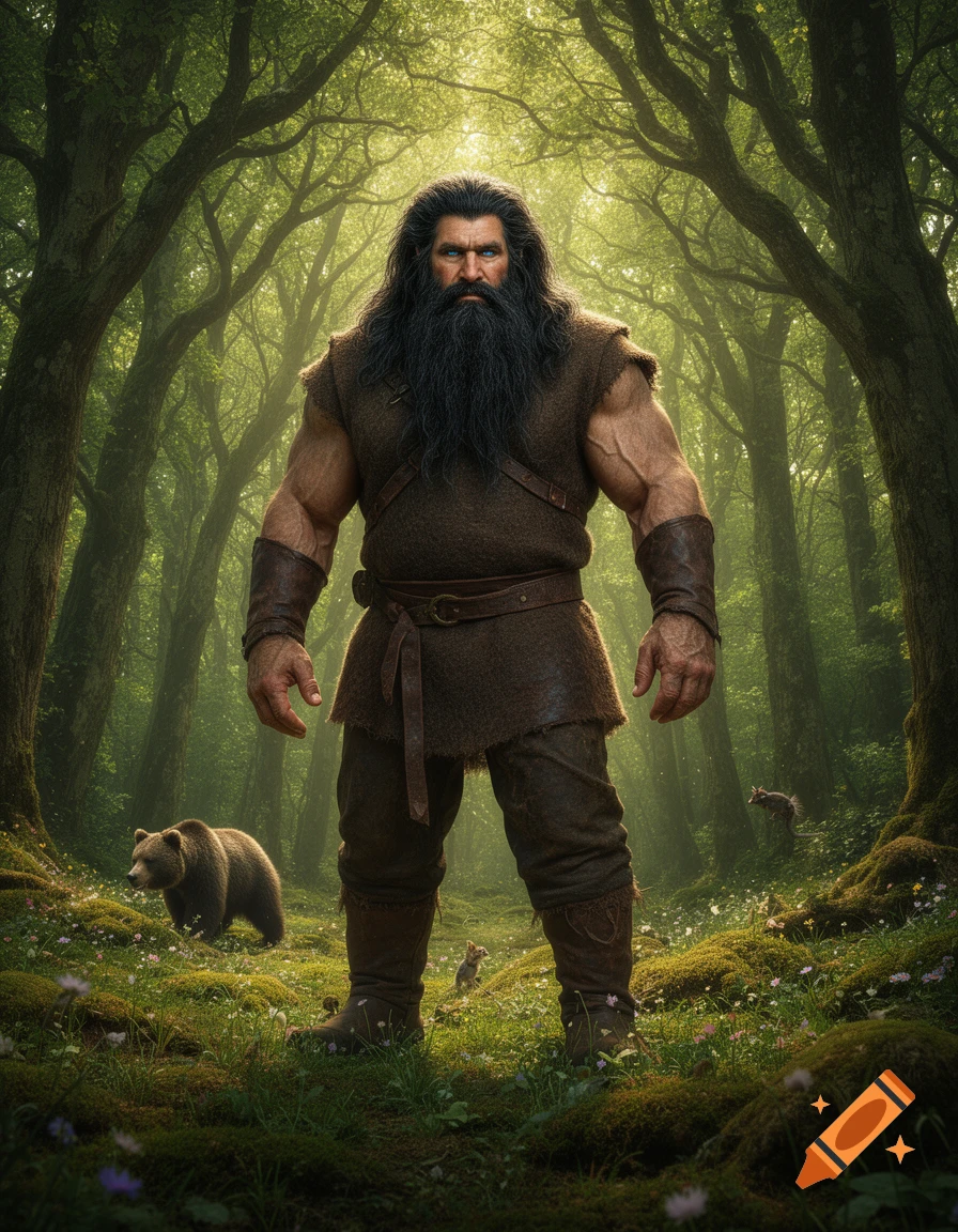Muscular, long-haired, bearded man in rustic clothes stands in a sunlit forest with a bear and other animals. Digital painting style.