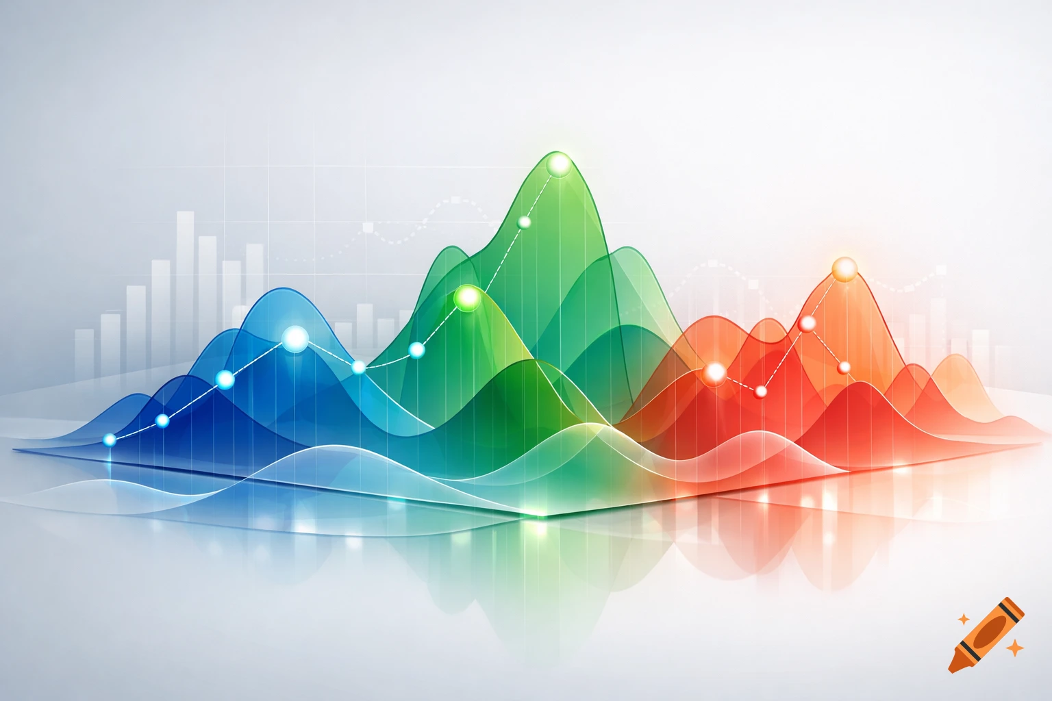 Abstract 3D data visualization with colorful, translucent wavy layers and reflective surface.