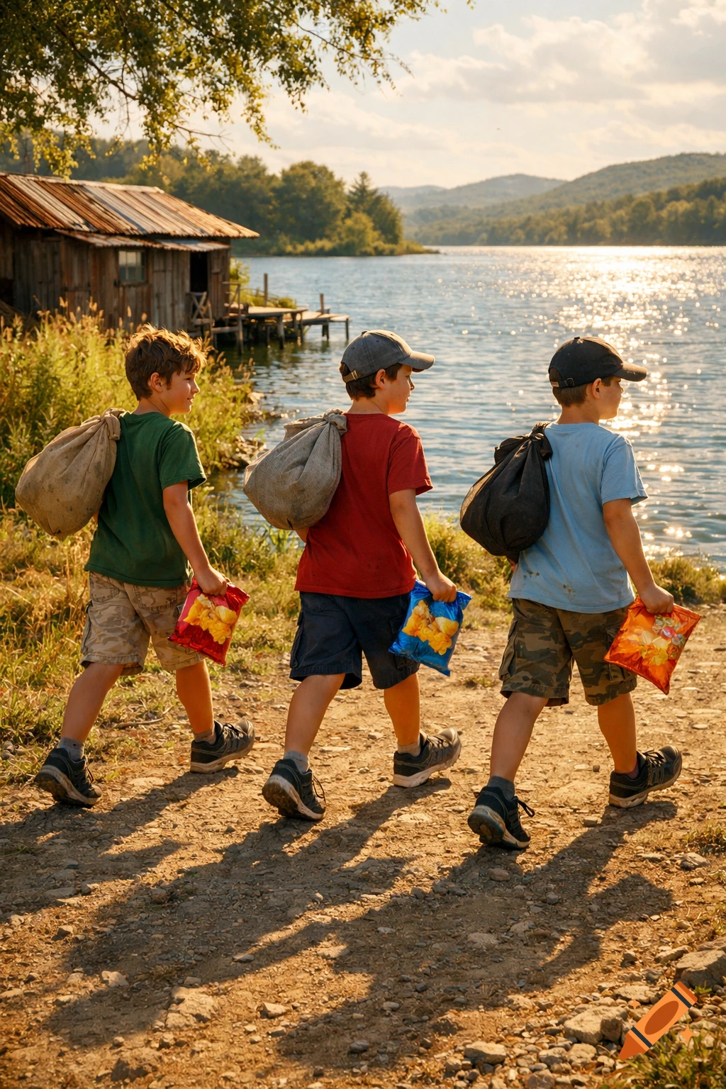 Three boys walk along a sunny dirt path beside a lake, carrying sacks and chip bags, with a rustic shack and mountains in the background.