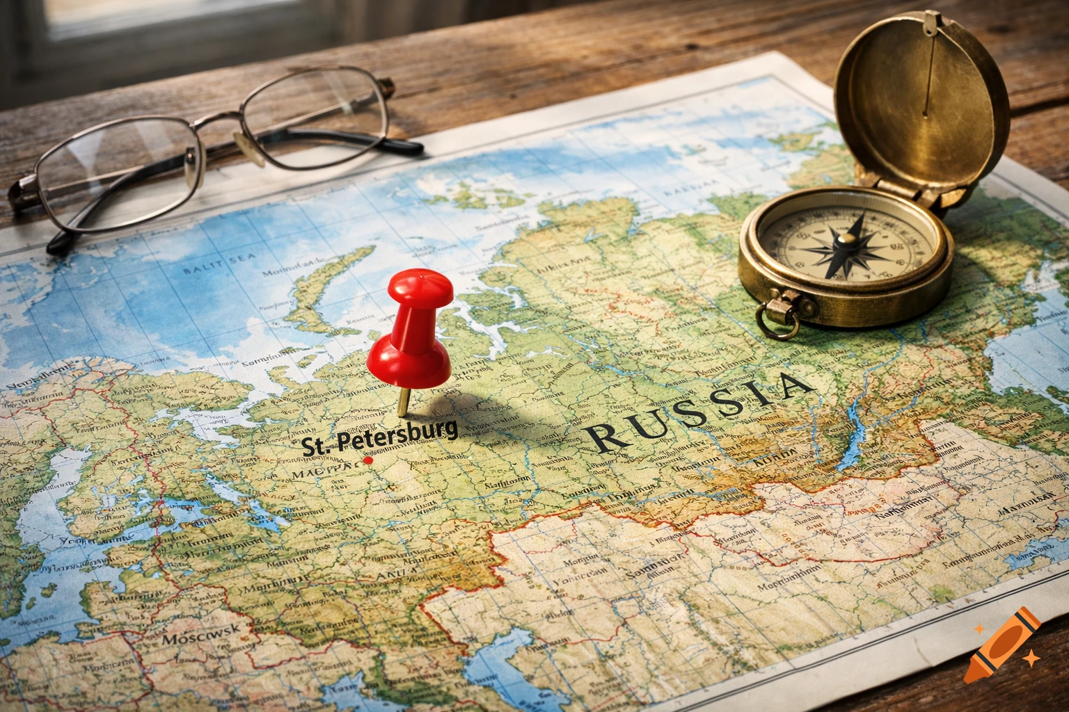 A detailed map of Russia with a red thumbtack on St. Petersburg, a brass compass, and reading glasses on a wooden table.