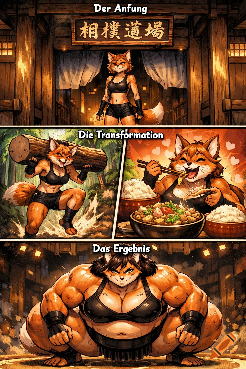 A three-panel comic shows an anthropomorphic fox transforming from a slender athlete to a massive sumo wrestler, training and eating.