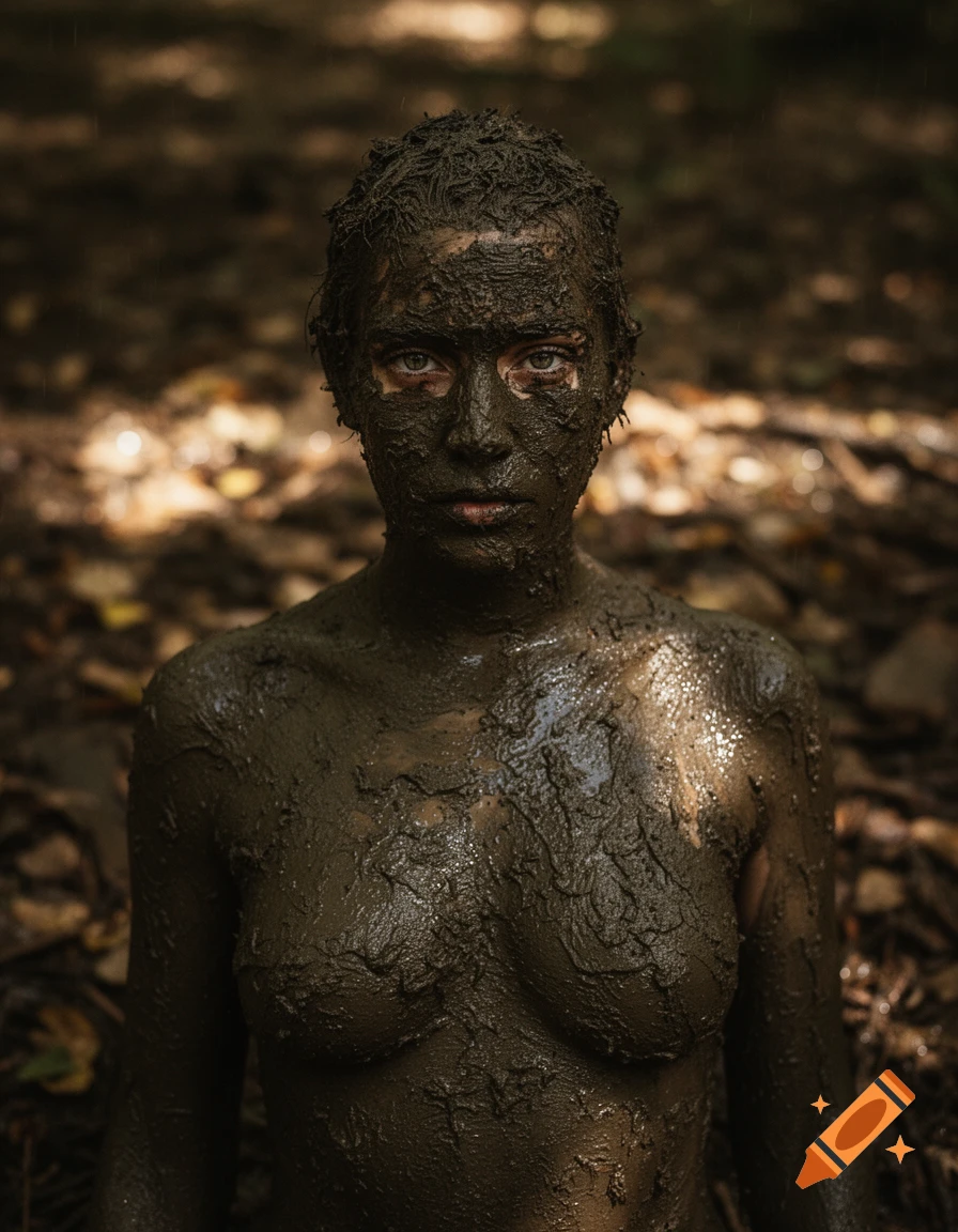 A woman covered in dark mud, eyes visible, in a dark forest background.