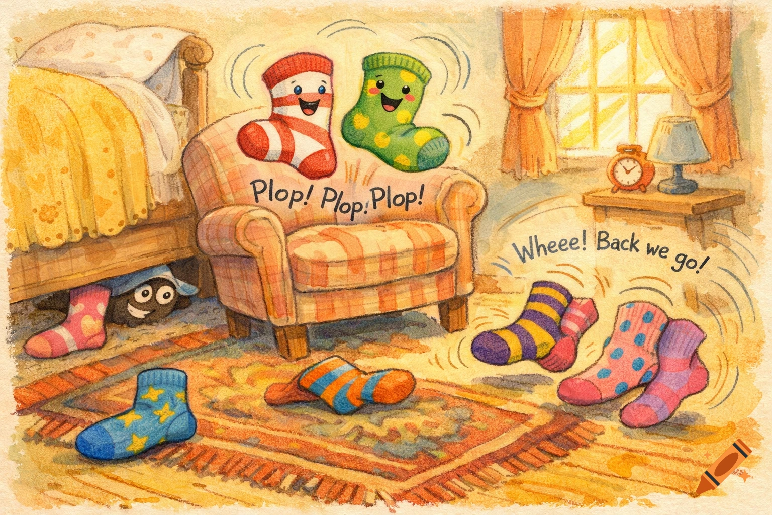 A hand-drawn children's illustration shows cartoon socks playing in a cozy bedroom with text "Plop! Plop! Plop!" and "Wheeee! Back we go!"