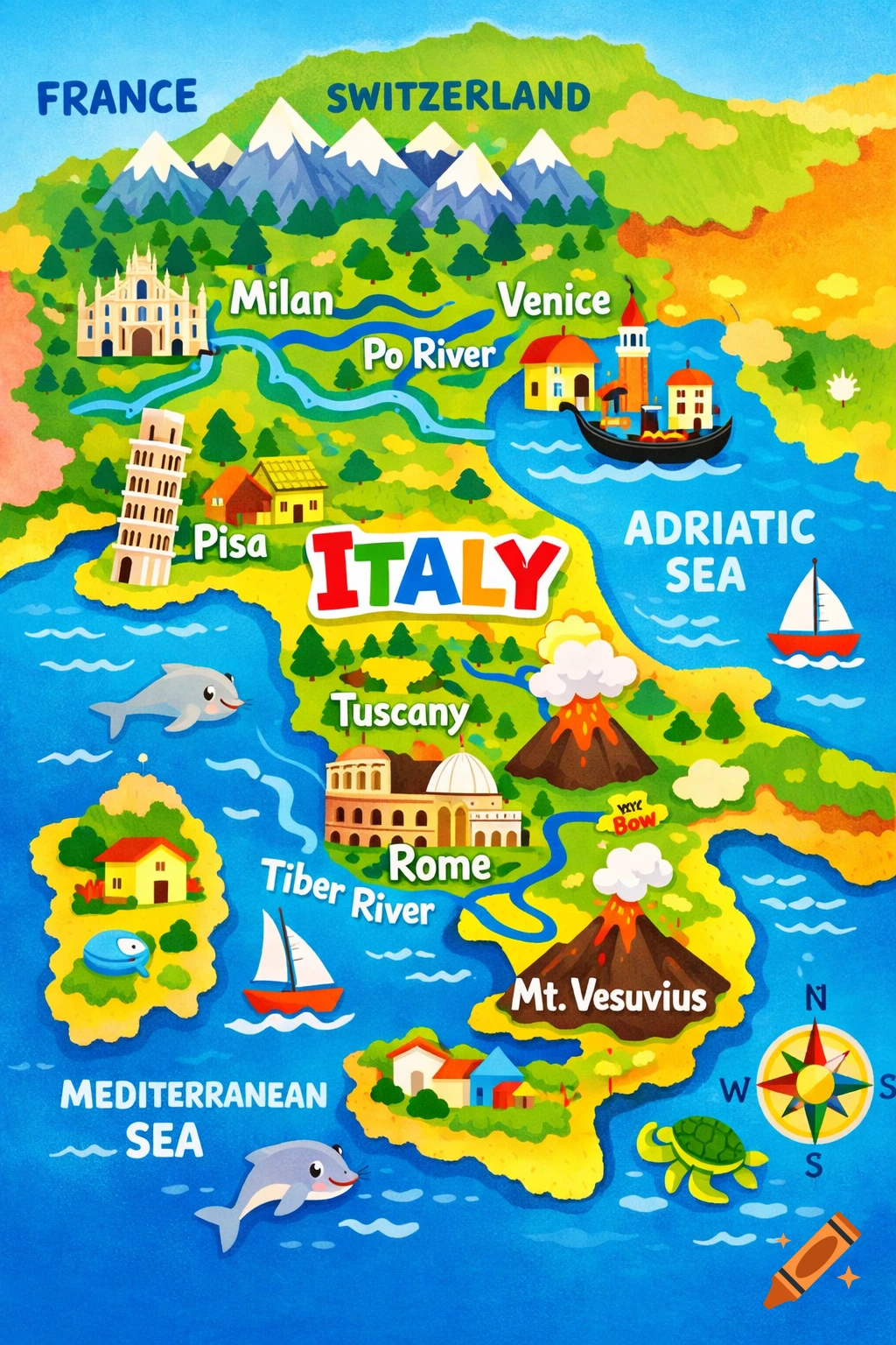 A colorful, child-friendly illustrated map of Italy with cartoon mountains, rivers, cities like Milan and Rome, landmarks like the Leaning Tower of Pisa and the Colosseum, and surrounding seas with dolphins and boats.