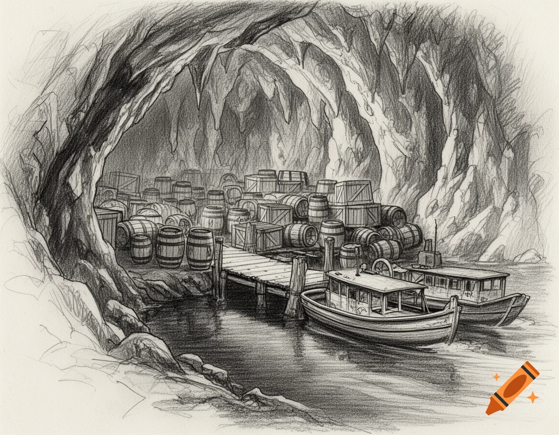 A pencil sketch of a cavernous cave interior filled with barrels and crates, with small riverboats docked at a wooden pier.