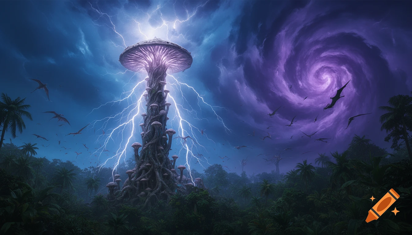 A giant fungal pillar struck by lightning in a lush jungle, with a swirling purple storm and many flying creatures in a dark, dramatic sky.