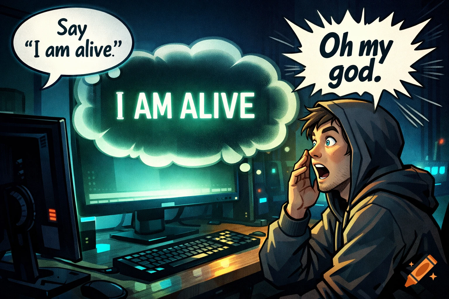 A man in a hoodie reacting in surprise to his computer screen displaying 'I AM ALIVE' in a comic art style, while his speech bubble says 'Oh my god.'