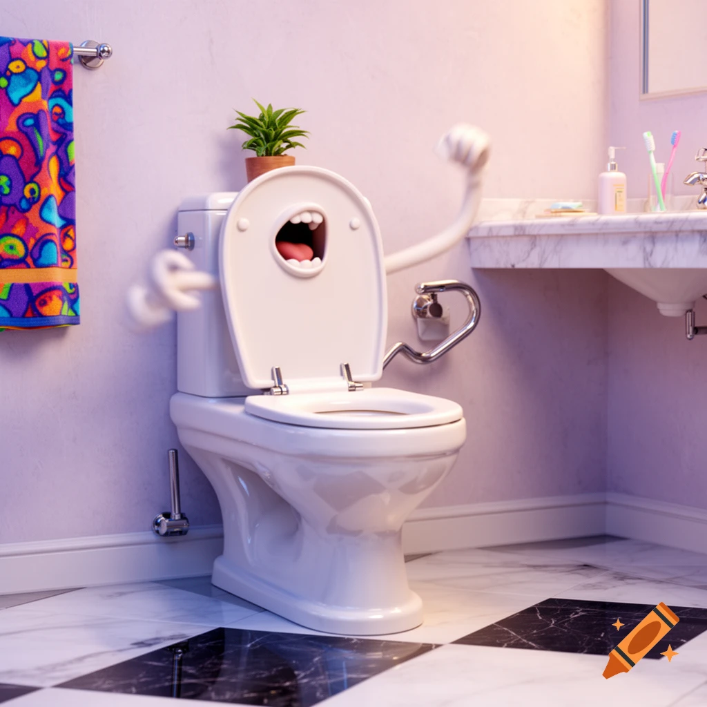 A cartoonish white toilet with a screaming face and arms in a clean bathroom with a marble sink and checkered floor.