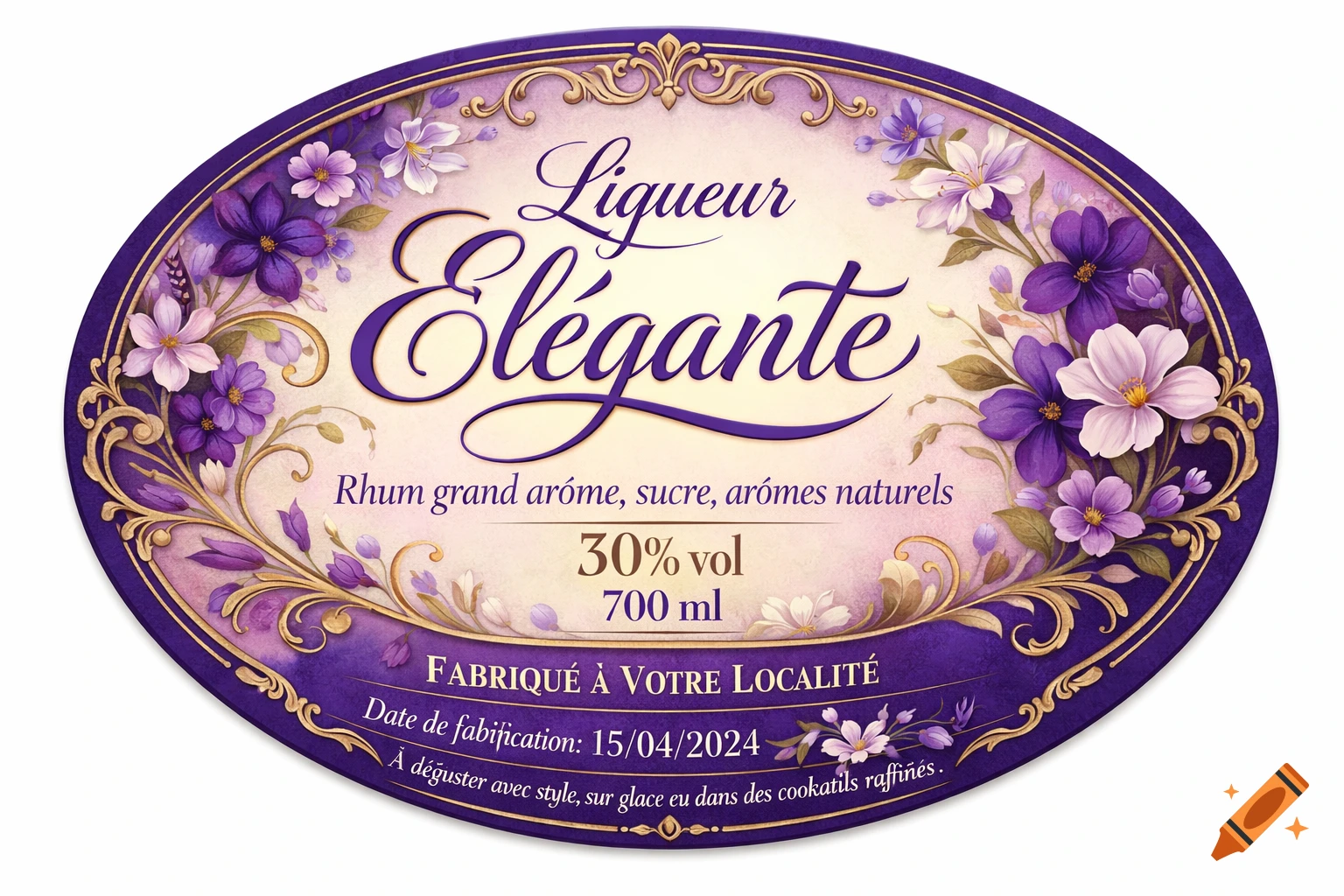 An oval liqueur label with a purple border and gold accents, featuring an elegant script title "Liqueur Élégante" surrounded by white and purple flowers.