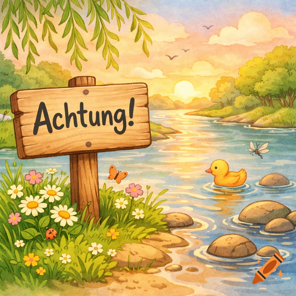 Watercolor illustration of a wooden 'Achtung!' sign by a river with a yellow duck, flowers, and a sunset in the background.