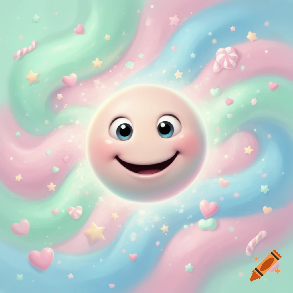 A cheerful 3D smiley face emoji on a pastel swirling background with hearts, stars, and candies.
