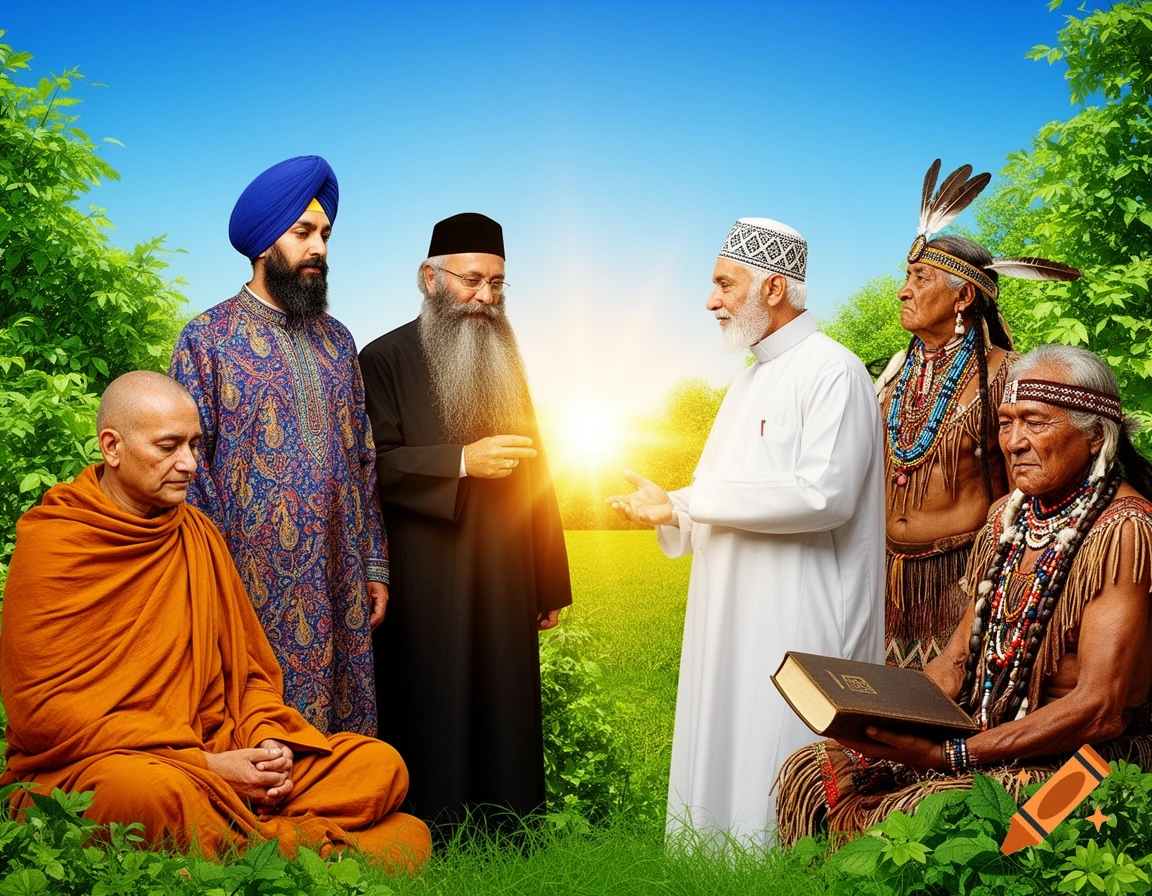 A diverse group of men in traditional religious attire from various faiths gather in a lush green outdoor setting under a bright sky.