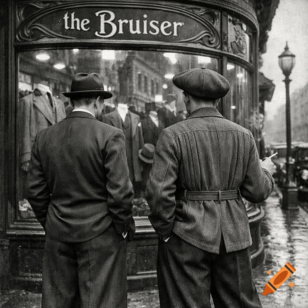 Two men in vintage hats, a Norfolk jacket and a suit, look into a shop window on a rainy street in a black and white photo.