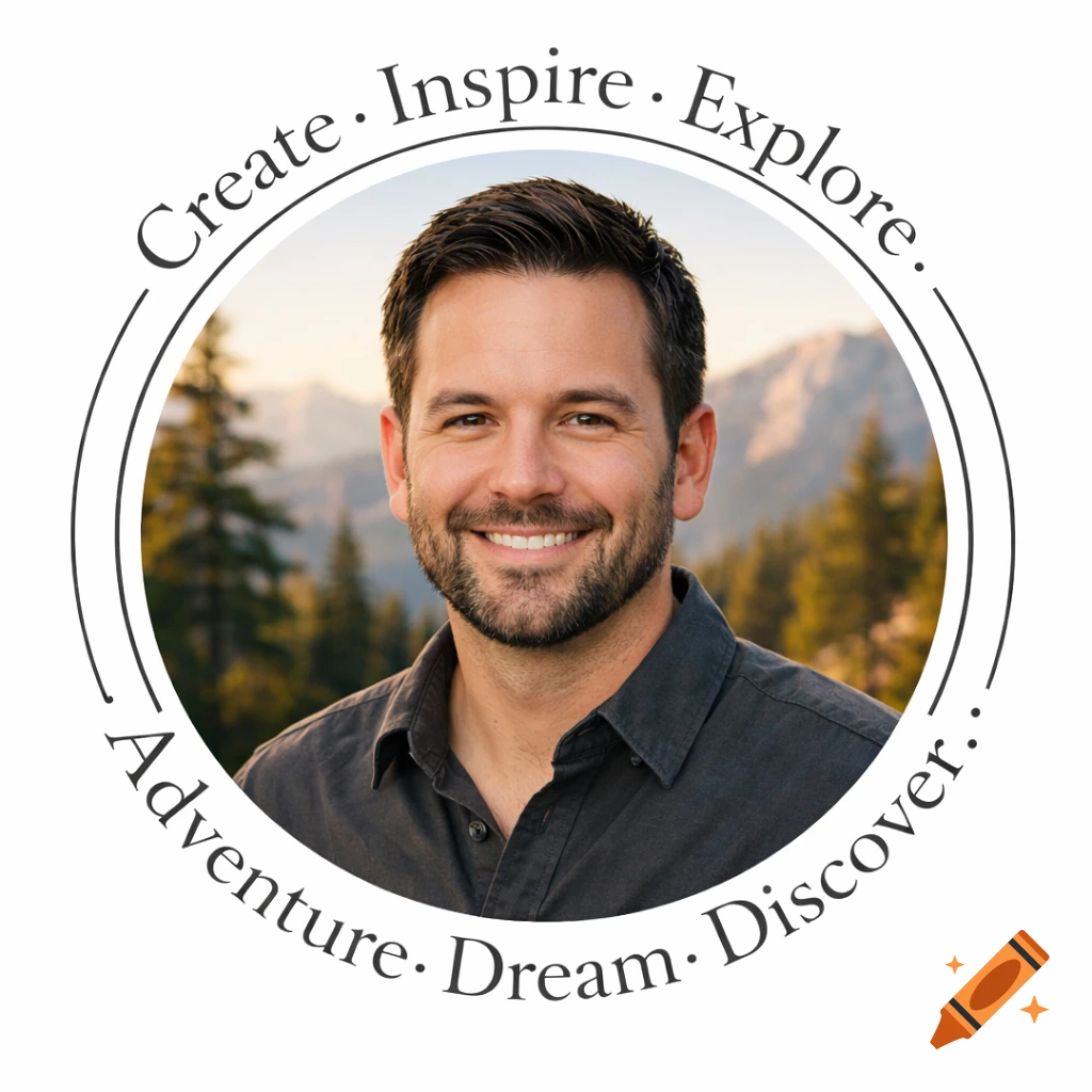 Smiling man with a beard in a circular frame against a mountain backdrop with inspirational text.