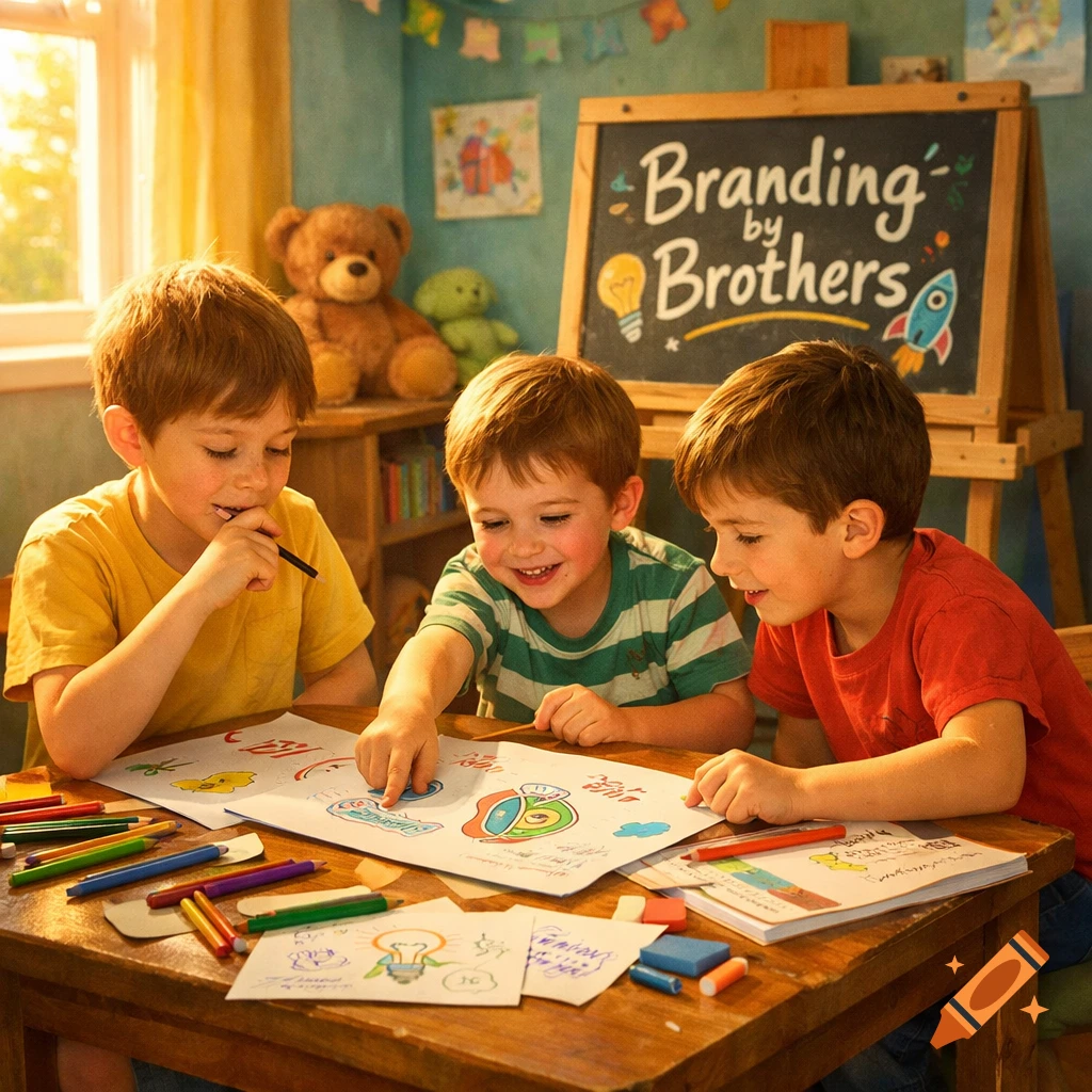 Three young boys drawing and coloring at a table with crayons and paper, a blackboard with 'Branding by Brothers' behind them.