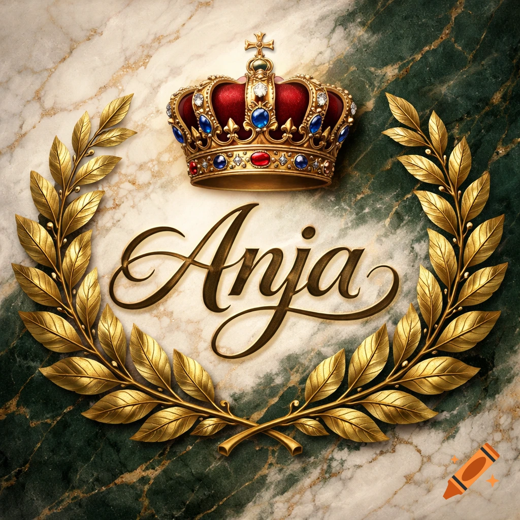 A golden crown with red and blue gems above the name "Anja" in a script font, encircled by a golden laurel wreath, all on a marble background.