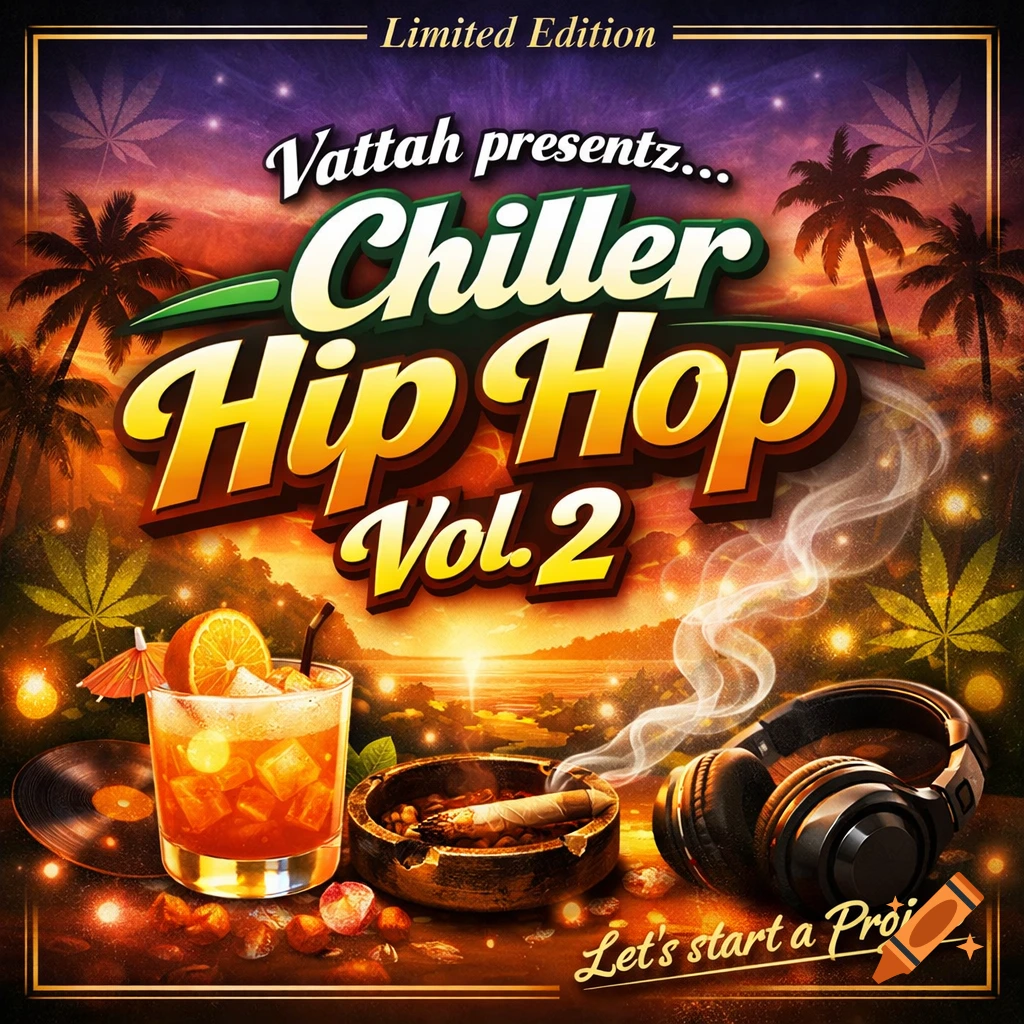 An album cover for "Chiller Hip Hop Vol. 2" featuring a tropical sunset, palm trees, marijuana leaves, a cocktail, headphones, and a lit cigar in an ashtray, with text "Limited Edition", "Vattah presentz...", and "Let's start a Project".