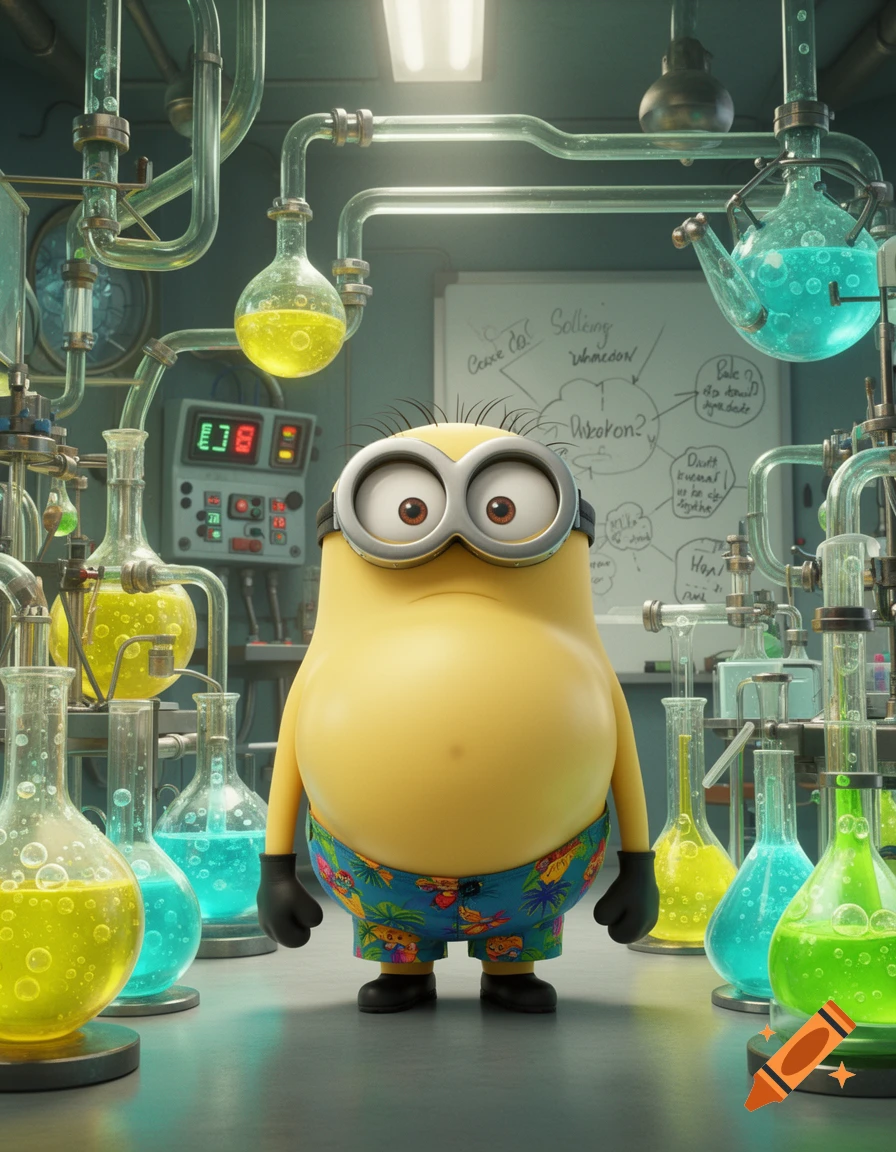 A Minion with an inflated belly and swim shorts stands in a detailed science lab filled with bubbling beakers and tubes.