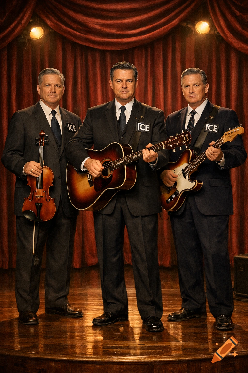 Three men in suits with 'ICE' badges hold musical instruments, a violin, acoustic guitar, and electric guitar, on a stage with a red curtain.