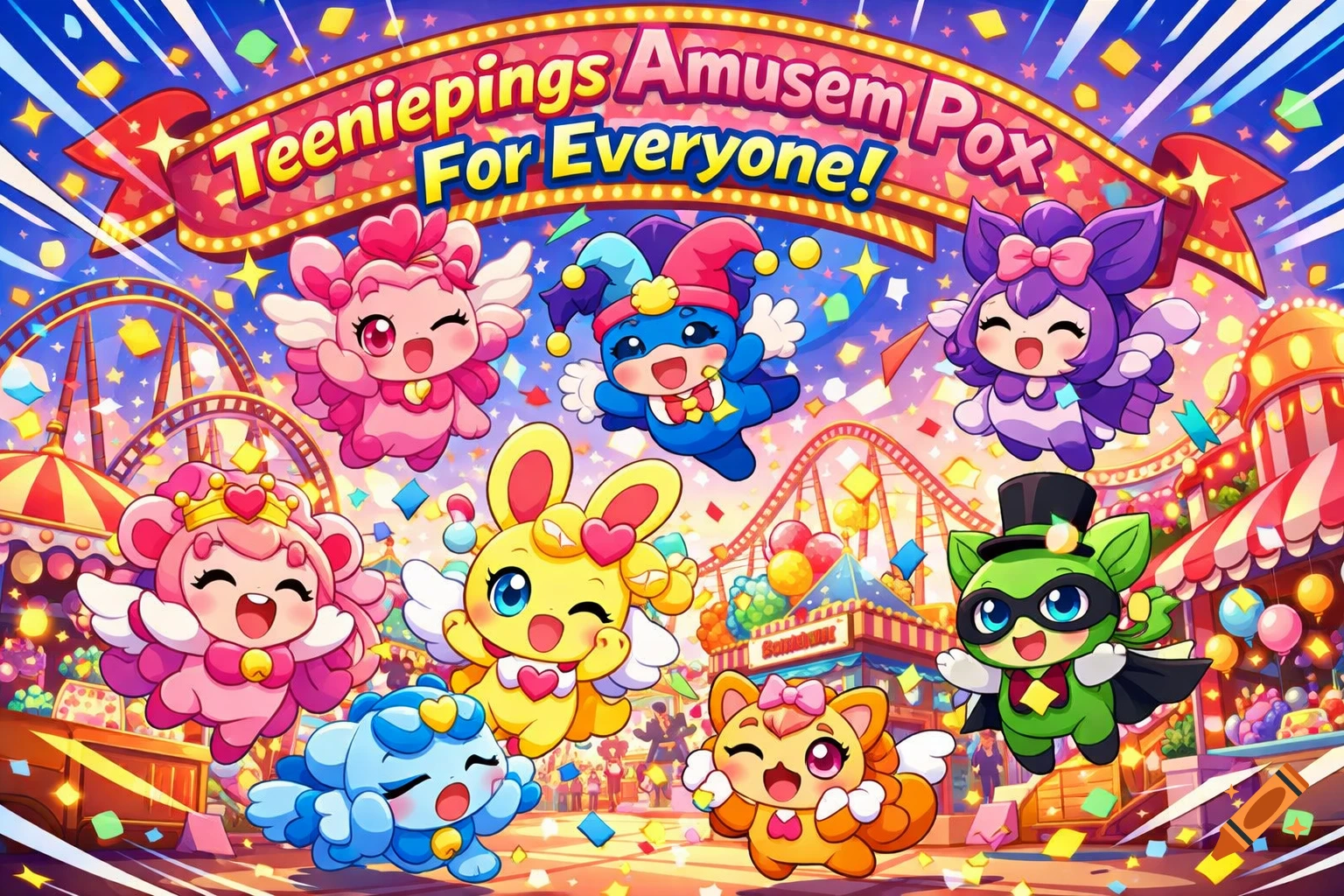 Colorful, cute, winged cartoon characters floating in an amusement park with a banner reading 'Teeniepings Amusem Pox For Everyone!'
