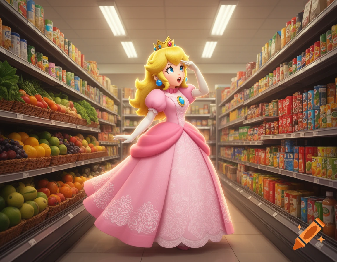 Princess Peach in a pink gown stands in a grocery aisle, looking at shelves filled with produce and packaged goods in a 3D animated style.