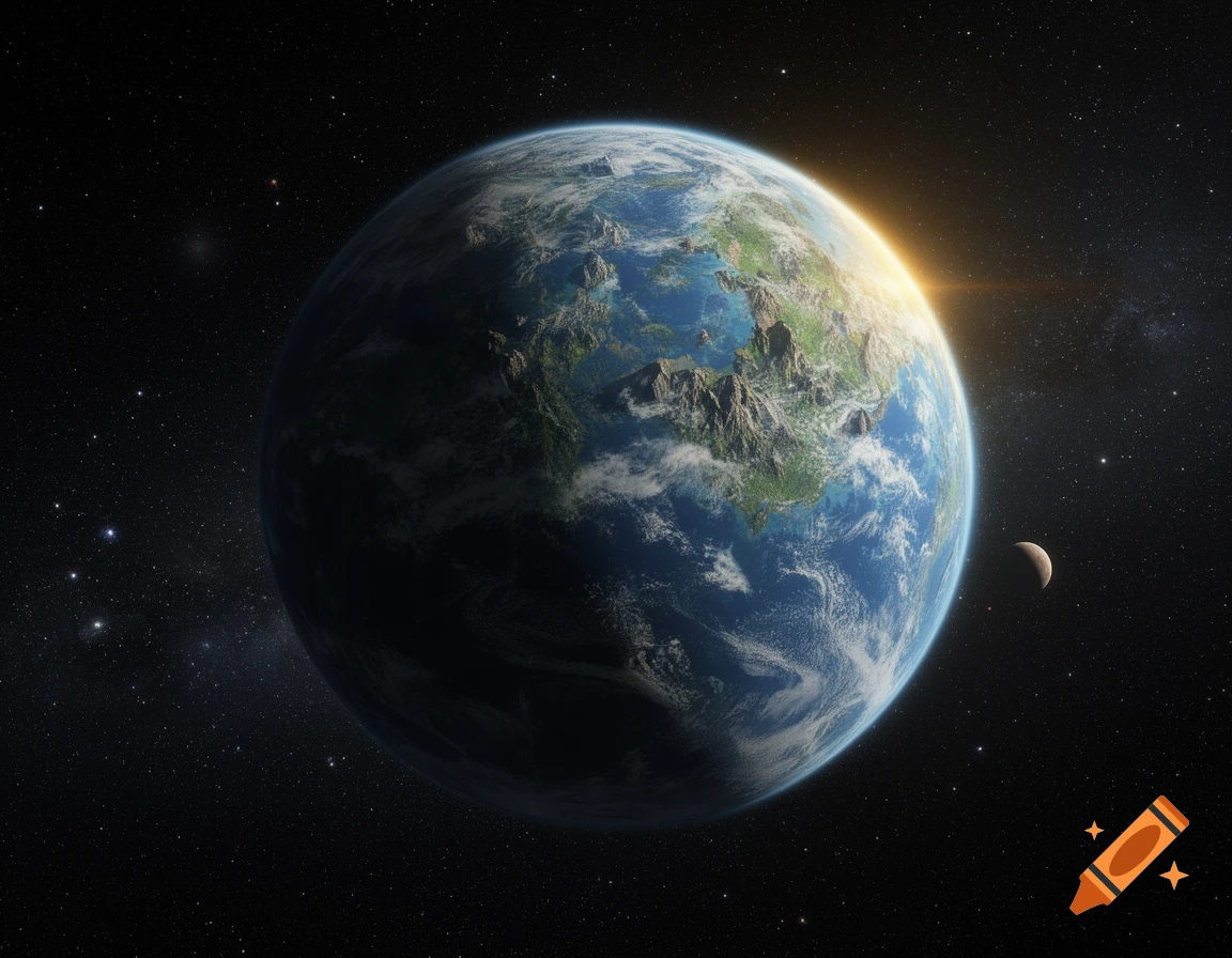 A photorealistic super earth exoplanet, Kepler-452b, with oceans and landmasses, experiencing a sunrise in deep space with a moon nearby.