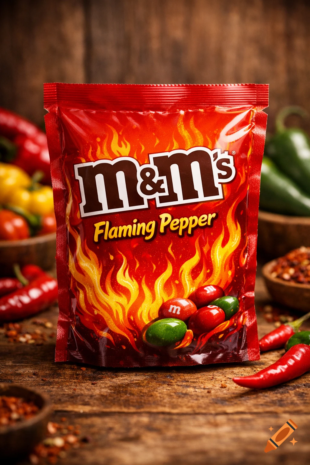 Photorealistic M&M's Flaming Pepper candy bag surrounded by red and green chili peppers and spices on a rustic wooden surface.